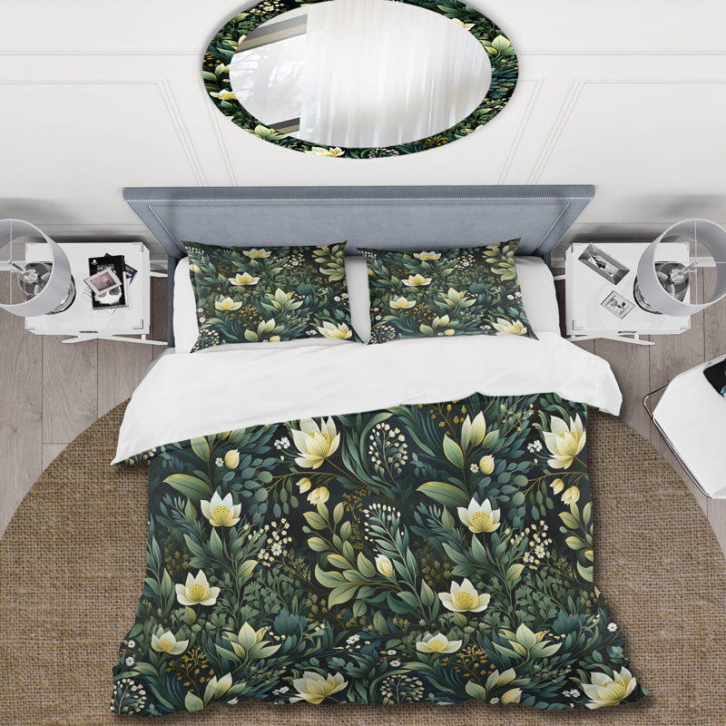Green Forest Botanical Pattern I Floral Duvet Cover, King Duvet Cover + 2 King Shams