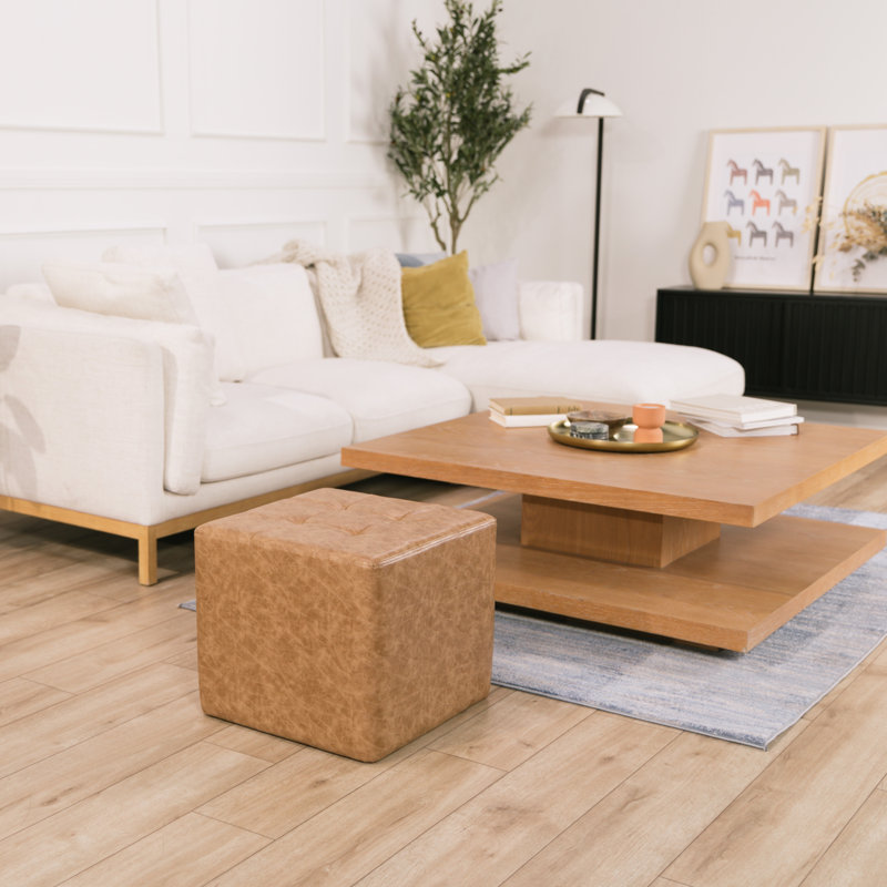 Distressed Tufted Square Ottoman, Tan Polyurethane
