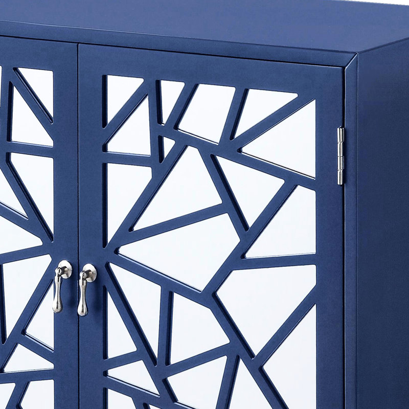 Console bleue à 2 portes - Portes à motif géométrique en miroir pour un grand espace de rangement en bois et en verre