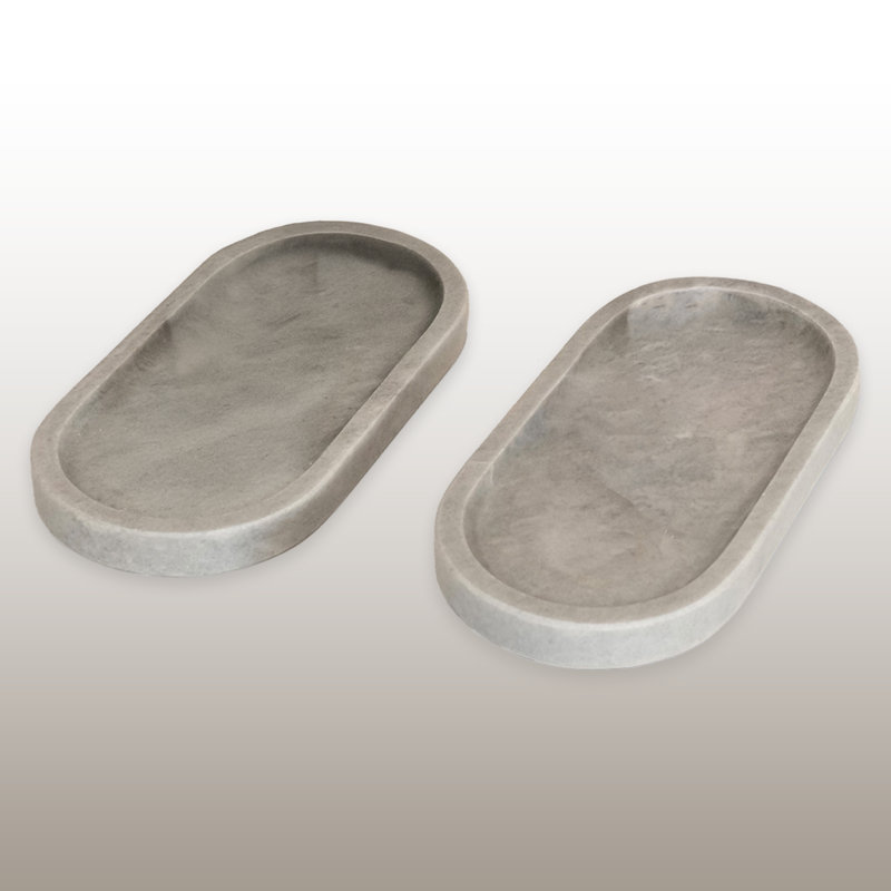 2 Pieces 100% Marble Oval Bathroom Tray Set, Gray