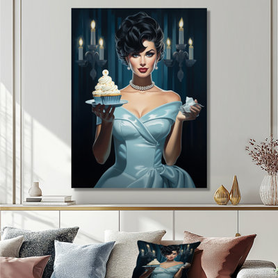 Élégante dame avec une robe bleue et des petits gâteaux - femme, art mural