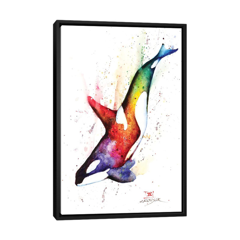 « orca », peinture sur toile tendue, H 26 po x l 18 po x P 1,5 po, Toile encadrée noire, Pas de tapis