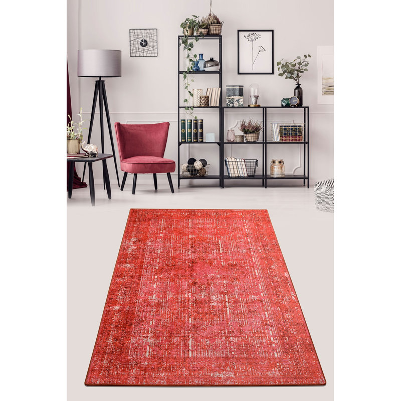 Tapis rouge de qualité supérieure, 5,2 x 7,5 pi | 100% polyester, hauteur des poils de 0,2 po, antibactérien, antidérapant, lavable à la machine à 30 ° C | Parfait pour le salon, la chambre à coucher et la salle à manger, design élégant et durable