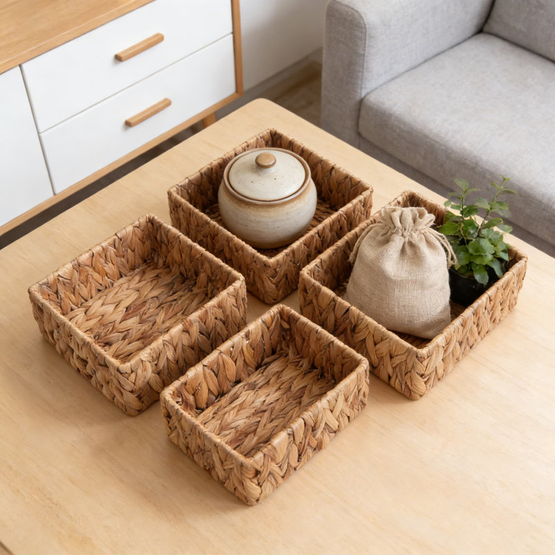 Ensemble de 3 paniers de rangement rectangulaires tissés pour tablettes, garde-manger, salle de bain et décoration intérieure Natural Water Hyacinth