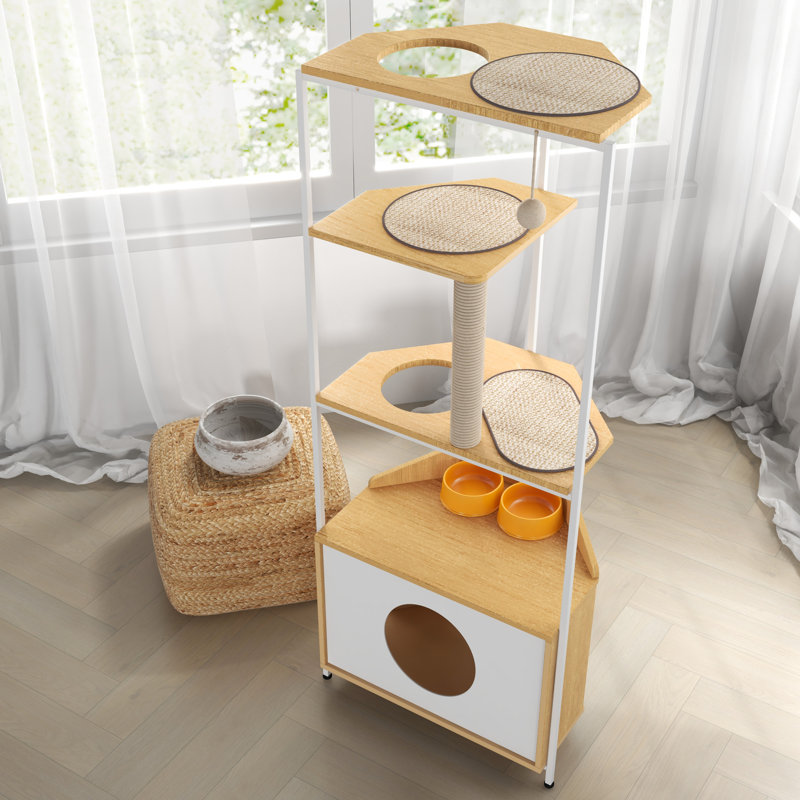 Tour pour chat d'intérieur avec poste d'alimentation et poteau à griffer, blanc et chêne, stable et fonctionnelle, poste de rangement peu encombrant, coffre pour arbre