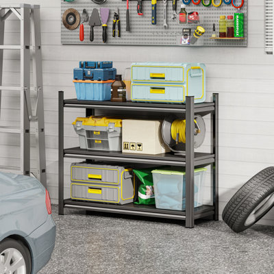 Support de rangement réglable en métal à 3 couches, idéal pour organiser et maximiser l'espace dans les salons, les cuisines et les garages. Noir, assemblage facile.