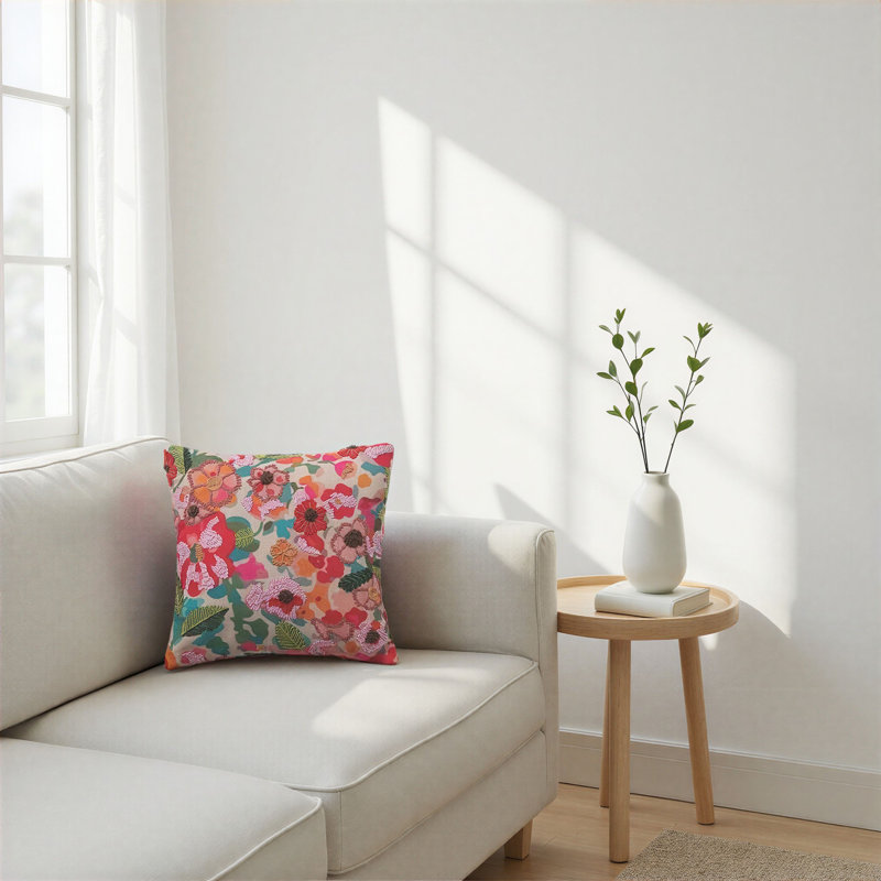 Cotton Printed Pillow With Flowers And Embroidery