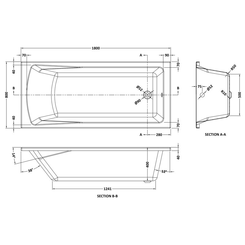 Linton Square Single Ended Bath in White, 180cm x 80cm