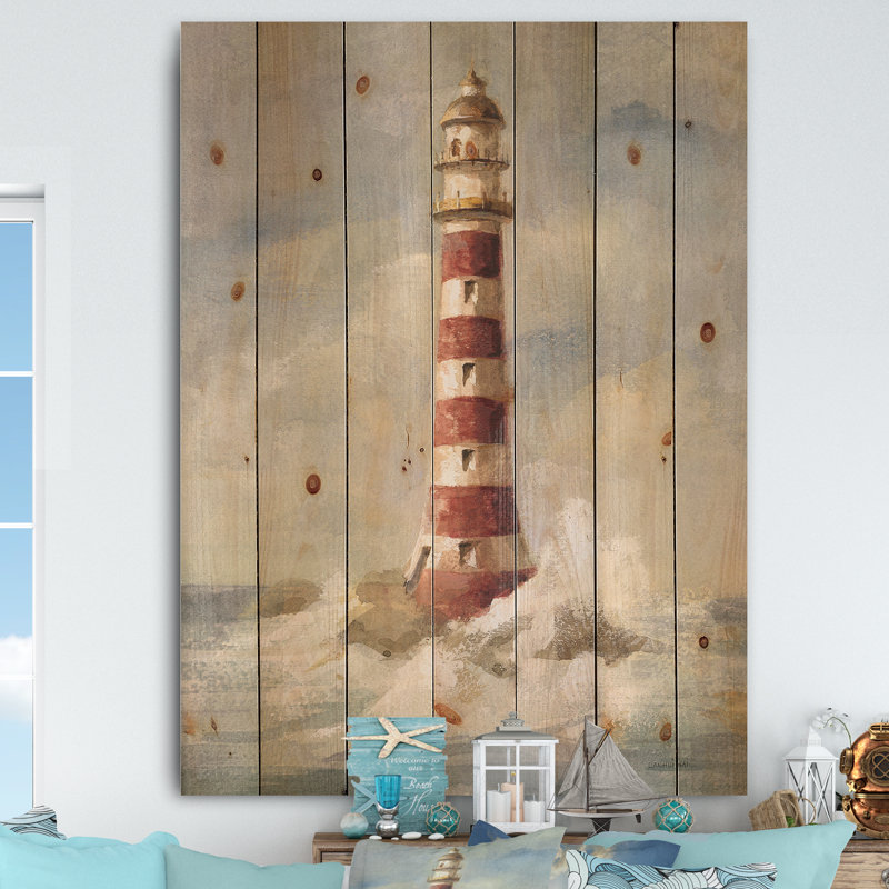 Phare de l'océan - Impression nautique et côtière sur bois de pin naturel, H 32 po x l 24 po x P 1 po