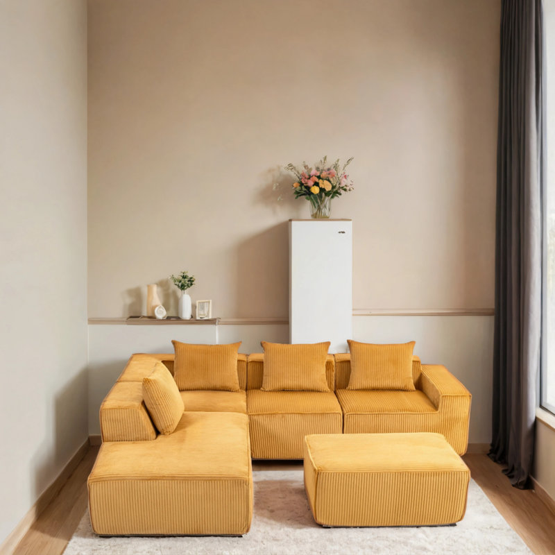 Canapé modulaire en velours avec repose-pieds, Velours côtelé orange