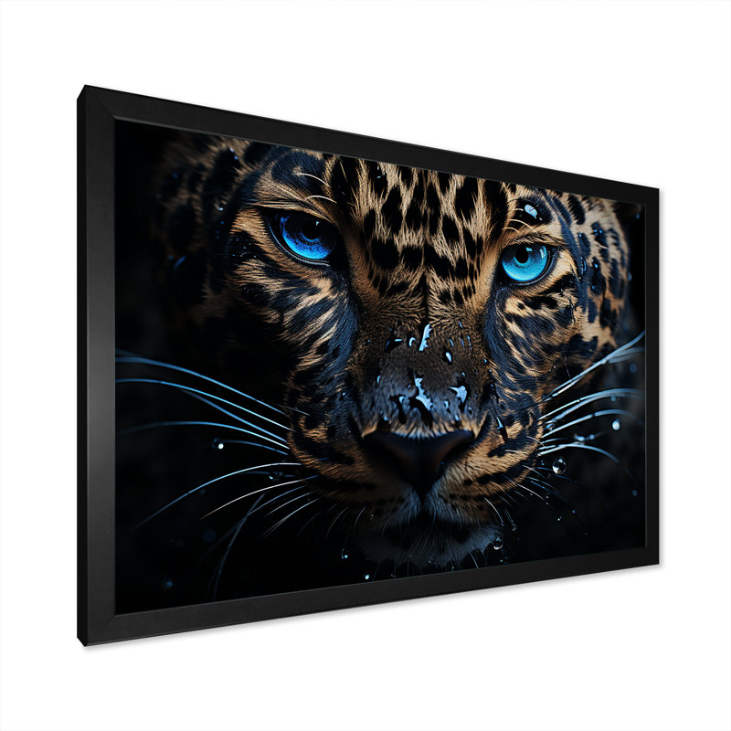 Leopard Nocturnal Souverain Nightime Blues I - art mural léopard pour le salon, Cadre simple noir