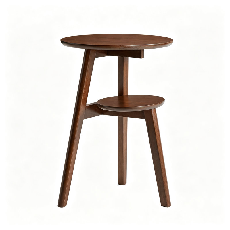 Table d'appoint ronde à 2 niveaux en bois massif, fini noyer, en hévéa, avec étagère de rangement ouverte en bas, idéale pour le salon et la chambre.