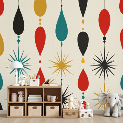 Peel and Stick Wallpaper Mid Century Modern Colorful Geometric Teardrop Wall Murals 69"H x 96"W Removable PVC Wall Paper Self-Adhesive Wall Decor for Bedroom Living Room Home Office