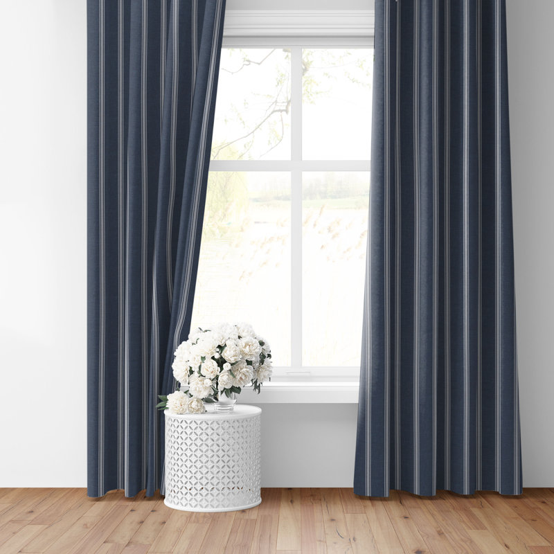 Shay Broad Ticking Stripe Dark Denim Cotton Grommet Top Drapery Panel Set of 2, 50" W  x 120" L
