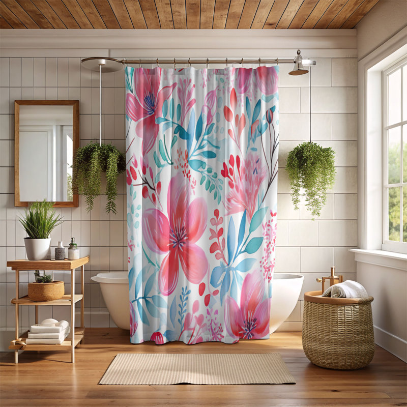 Rideau de douche 1 pièce Vibrant Red Florals, H 74 po x l 71 po