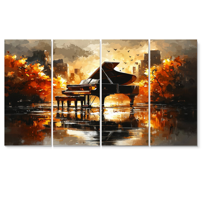 Orange orange, piano sur scène III - ensemble d'art mural piano musical, H 32 po x l 64 po