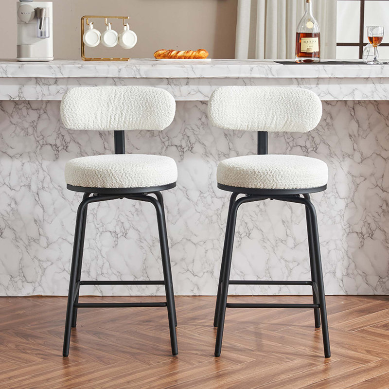 Ensemble de 2 tabourets de bar modernes pivotants, repose-pieds rembourrés Boucle, Blanc