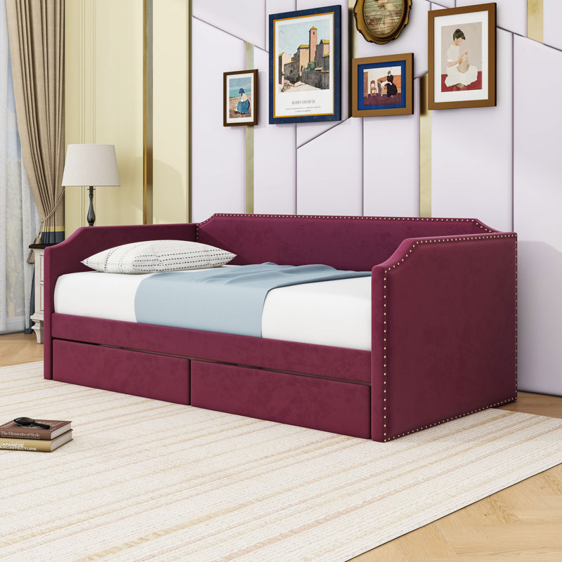 Twin 2 Drawers Upholstered Daybed with Slats, WineRed