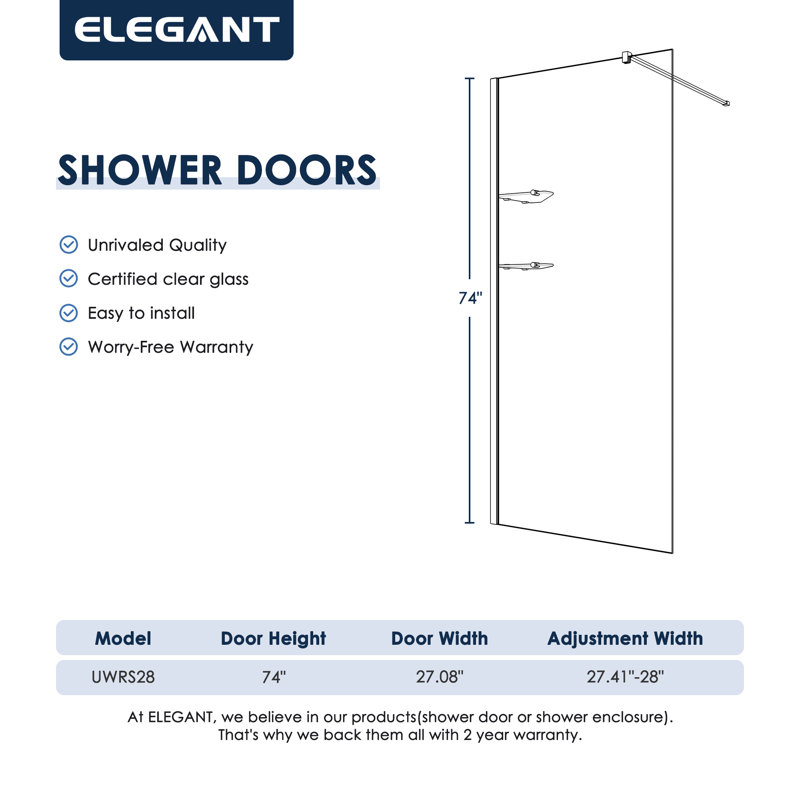 Écran de douche sans cadre l 28 po x H 74 po avec verre trempé transparent de 8 mm, tablettes en verre, Noir mat