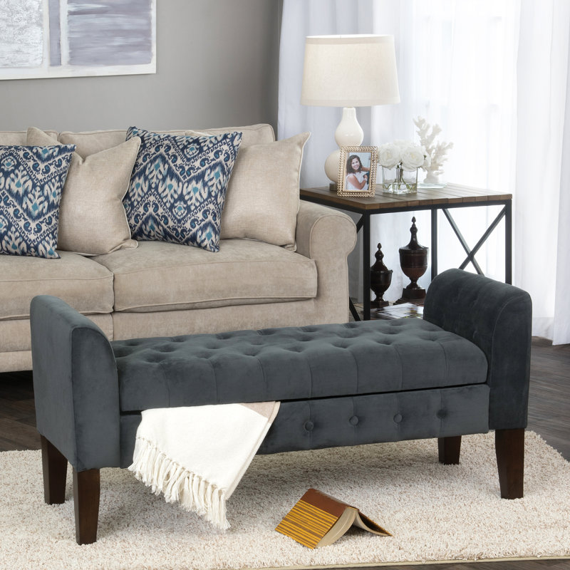 Banc de rangement à couvercle rabattable rembourré, Velours gris foncé
