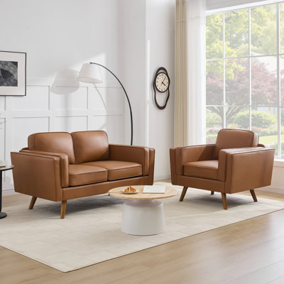Mid-Century Modern 2-Piece Living Room Sofa Set, Includes Loveseat & Armchair, Tapered Wood Legs