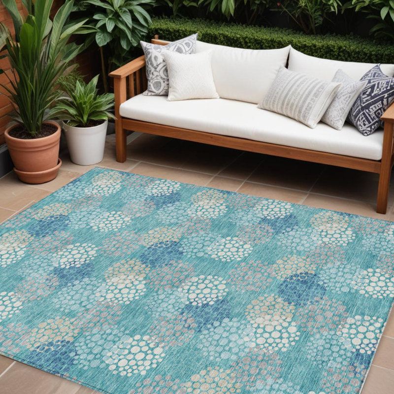 Tapis intérieur / extérieur lavable à pois bleu sarcelle et ivoire 9 'X 12'