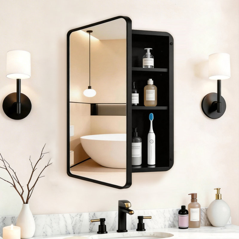 Armoire à pharmacie en métal de 40,6 x 66 cm (16 x 26 pouces) avec miroir et tablettes réglables, encastrée ou en saillie.