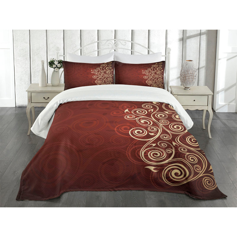Queen Size Burgundy and Cream Quilted Bedspread Set