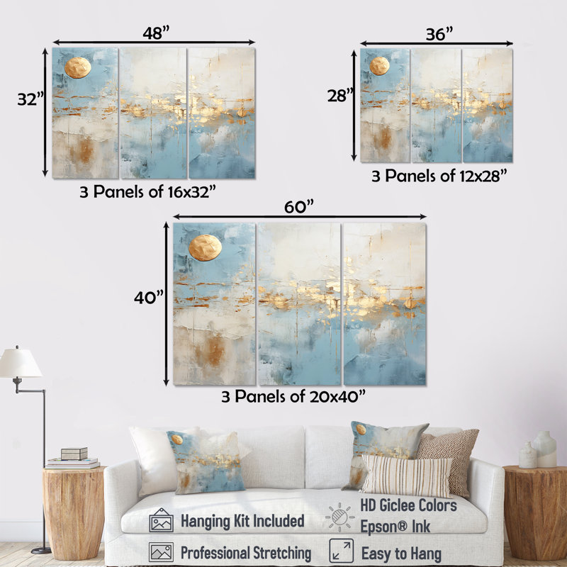 «Blue and Gold Minimal Expression», ensemble d'art mural formes abstraites, Toile tendue, H 28 po x l 36 po x P 1 po