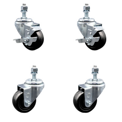 3 Inch SS Hard Rubber Wheel Swivel 12mm Threaded Stem Caster Set 2 Brakes