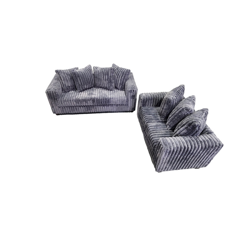 Ensemble de canapé et causeuse moderne en velours côtelé avec sièges profonds et coussins moelleux, Gris
