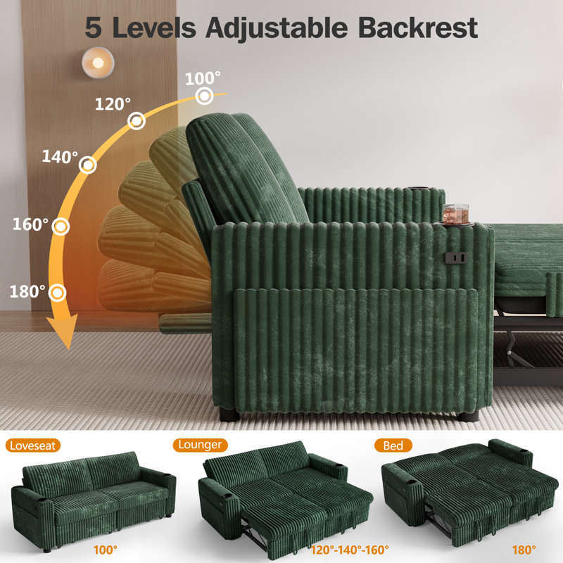 Sectional Sleeper Sofa Bed With Pull Out Bed, Oversized Loveseat Sleeper Sofa With Reclining Backrest/Two Pull Out Beds/Usb Ports/Cup Holders, Tool Free Assembly