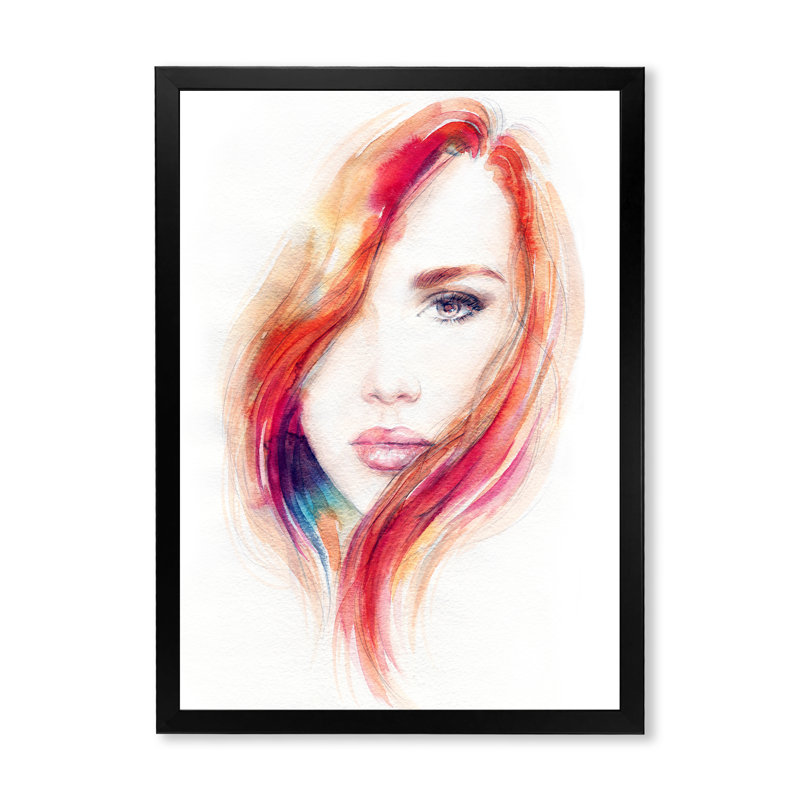 Portrait de femme modèle orange - œuvre d'art sur toile Glam, Impression noire sur toile encadrée, H 44 po x l 34 po