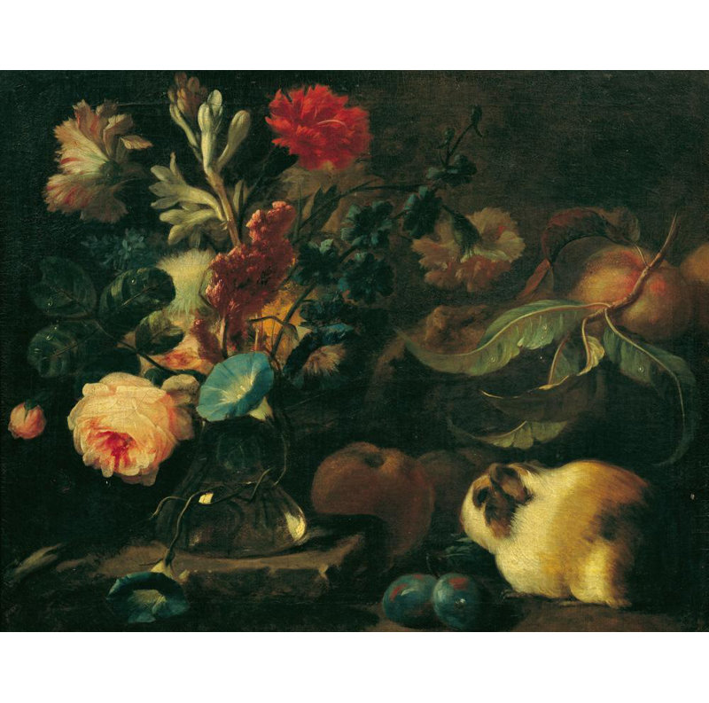 «Nature morte avec des cochons d'Inde, des fleurs et des fruits» par Franz Werner Von Tamm - Art mural sur toile tendue avec châssis