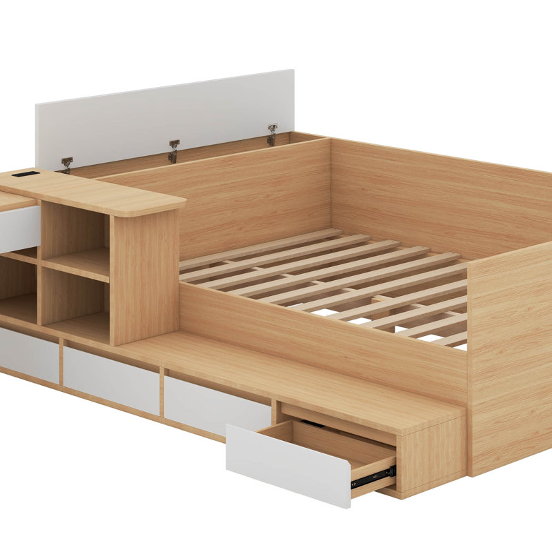 Lit plateforme double en bois avec tiroirs, tablettes et coiffeuse, Naturel