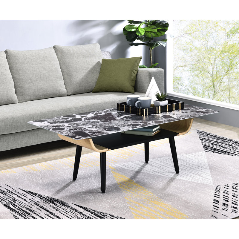 Glass Top Coffee Table 47", Marble Texture, Bent Wood & Dichromatic Storage 47" With Black Marble-Like Top, Solid Adjustable Base