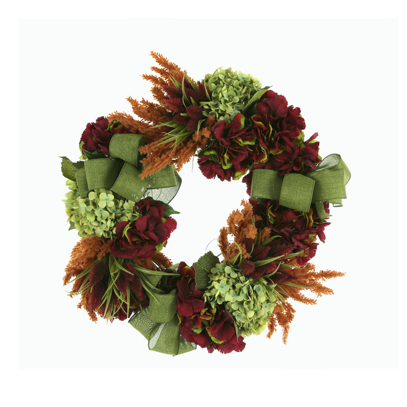 Alma 26" Wreath with Hydrangeas, Wheat and Pampas in Green/Burgundy/Rust