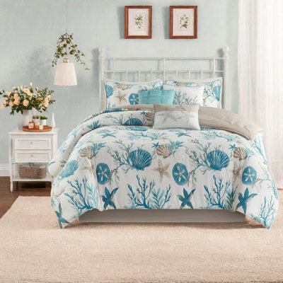 Luxurious Aqua Cotton Sateen 7-piece Bedding Set, Coastal Style For Bedroom Comfort