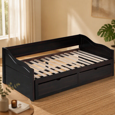 Wooden Daybed with Trundle Bed and Two Storage Drawers , Extendable Bed Daybed,Sofa Bed with Two Drawers, Espresso