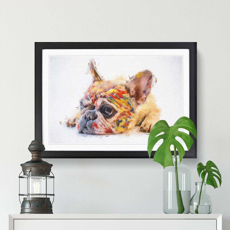 Painted French Bulldog in Abstract - Framed Print, 36cm H x 48cm W x 2cm D, Black Framed