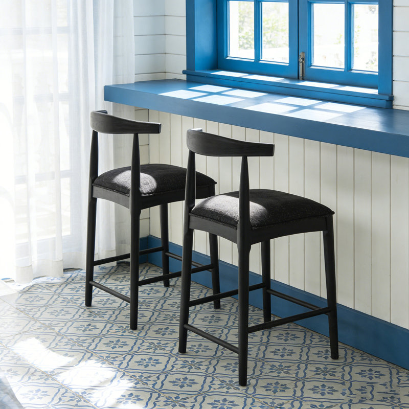Bar Stools Set Of 2 With Soft Cushion And Footrest, Black, Black, Counter Stool (26.5” Seat Height)