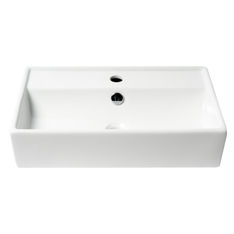 White Ceramic Rectangular Wall-Mounted Bathroom Sink with Overflow