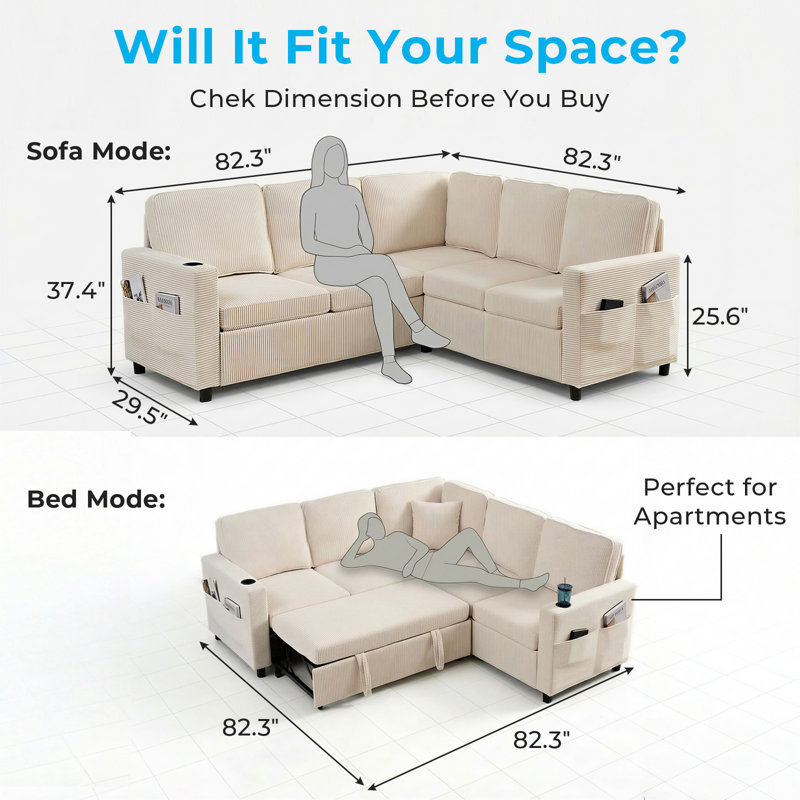 Modular Corduroy L-Shaped 3-in-1 Sleeper Sofa Bed with Storage, Beige, Beige Corduroy