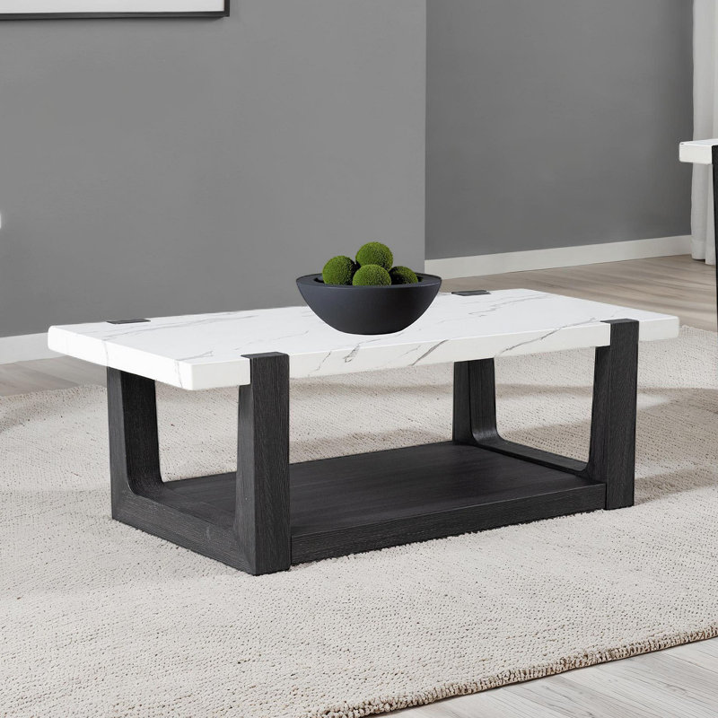 Moderne moderne 48 "rectangulaire 2 niveaux Céline avec cadre en bois aggloméré noir et plateau en faux marbre, Noir