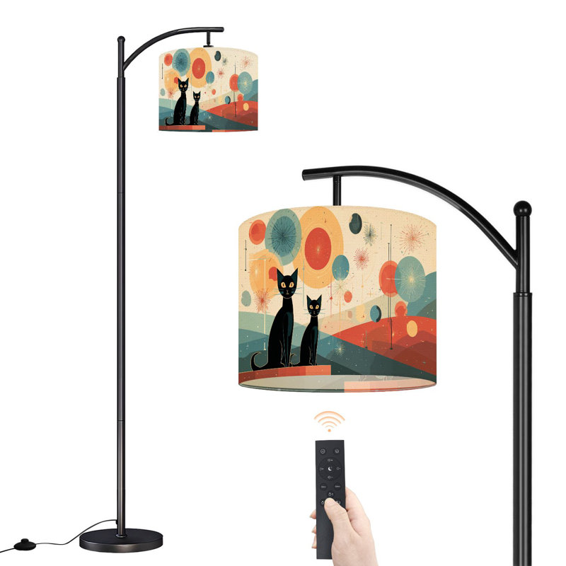 Arc Floor Lamp with Adjustable Lampshade Mid Century Black Cat Retro Modern Abstract Geometric Standing Lamp 3 Color Temperatures Dimmable Tall Pole Lamp with Foot Switch for Bedroom