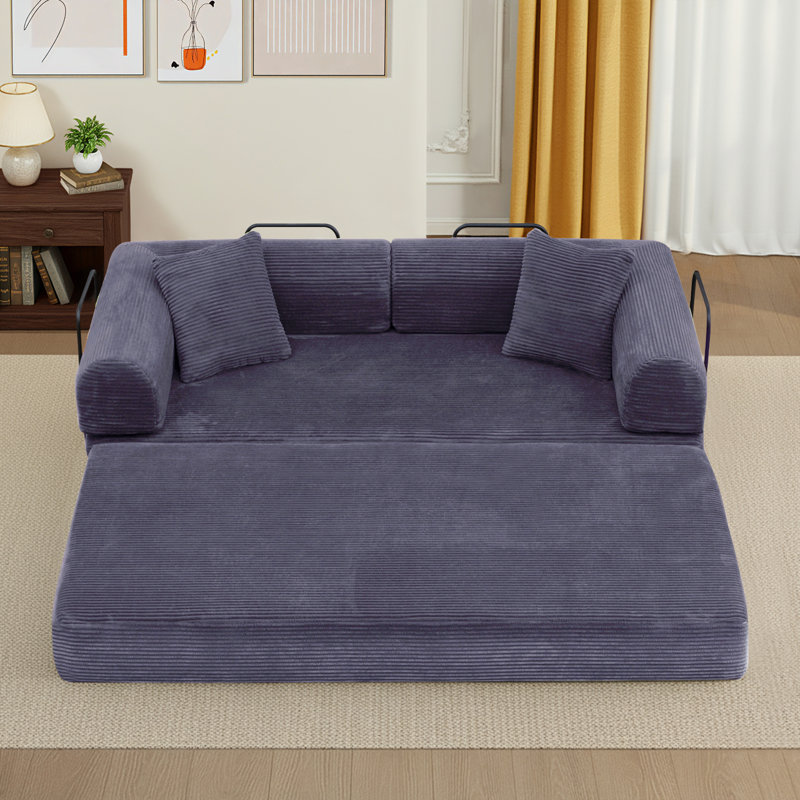 63" Compression Convertible Sleeper Futon Sofa Bed, 4-in-1 Corduroy Upholstered Floor Couch with 2 Pillows, No Assembly Required