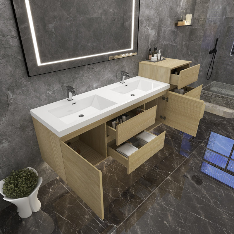 Moreno Bailey 78.5 " W Wall Mounted Wall Mounted 2 Double Combined Vanity Unit Bathroom Vanity With Acrylic Top, White Oak