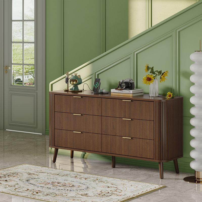 6 Drawer Dresser for Bedroom, Mid Century Modern Dressers, 57" Wide Wood Dresser TV Stand, Curved Profile Design for Closet, Bedroom Living Room, Hallway, Entryway, Home Office