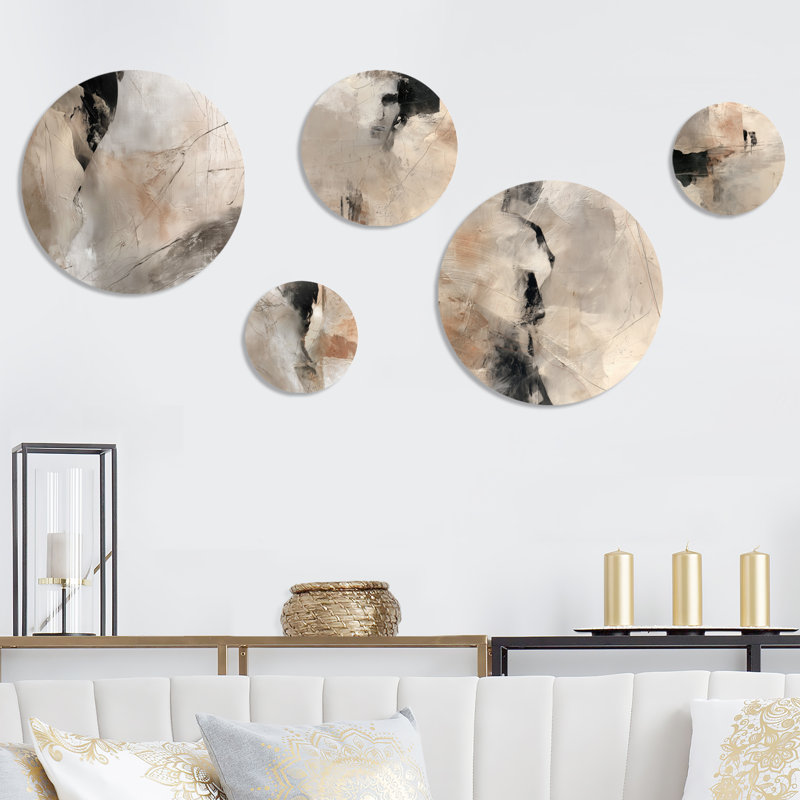 Peinture abstraite noire et grise coup de pinceau - ensemble de 5 décorations murales en métal