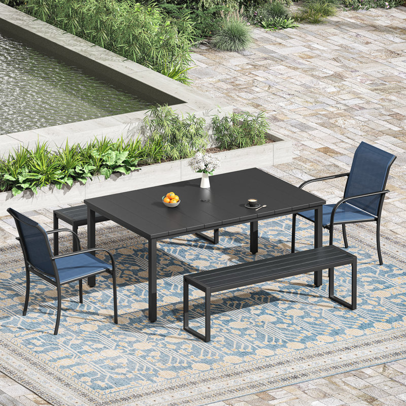 Rectangular Outdoor Dining Set With Bench, Blue, Black